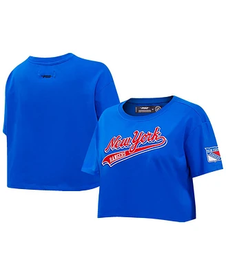 Women's Pro Standard Blue New York Rangers Boxy Script Tail Cropped T-shirt