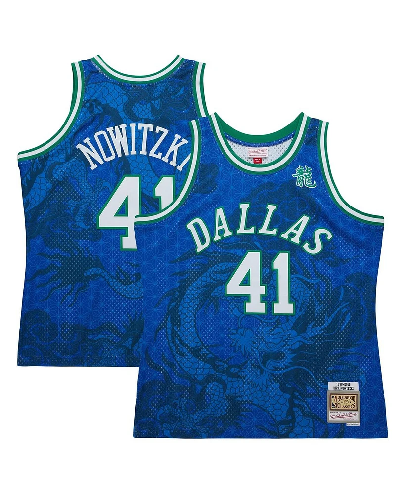 Men's Mitchell & Ness Dirk Nowitzki Blue Dallas Mavericks 1998-2019 Hardwood Classics Asian Heritage 6.0 Swingman Throwback Player Jersey