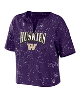 Women's Wear by Erin Andrews Purple Washington Huskies Bleach Wash Splatter Cropped Notch Neck T-shirt