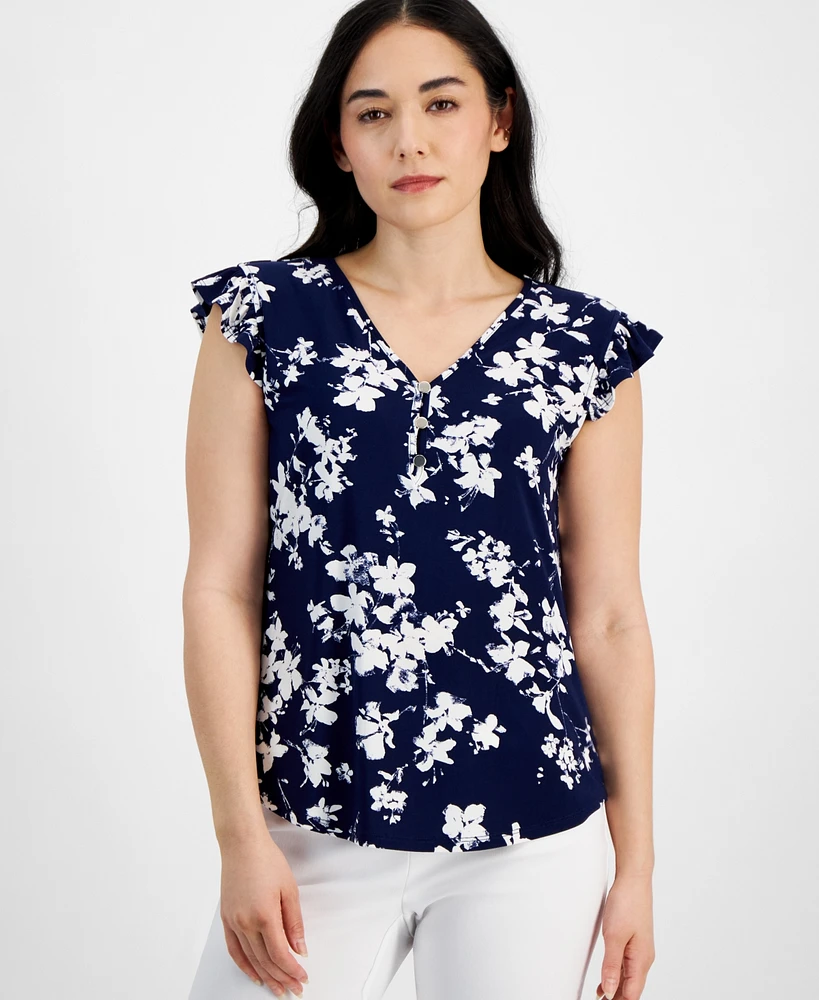 Ak Anne Klein Petite Printed V-Neck Flutter-Sleeve Top