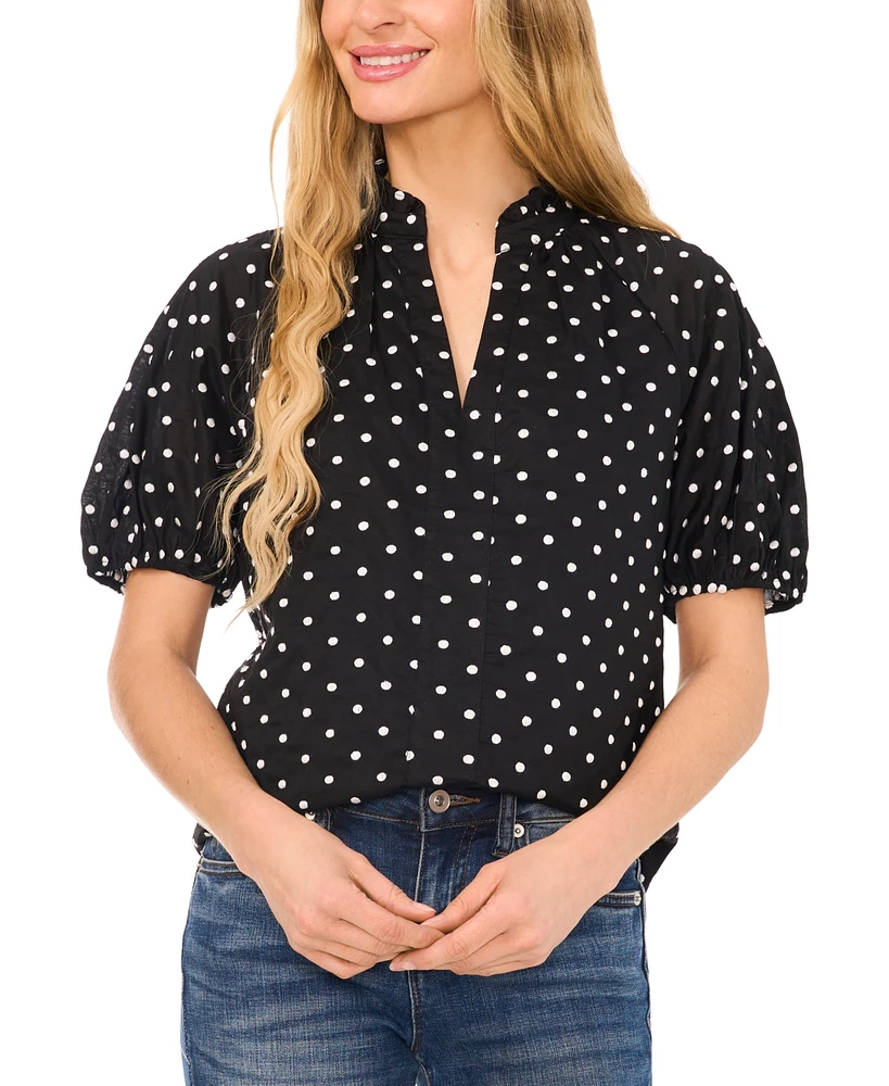 CeCe Women's Polka Dot Ruffled Neck Raglan Sleeve Blouse