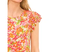 CeCe Women's Floral Print Double Ruffled Sleeve Crewneck Knit Top