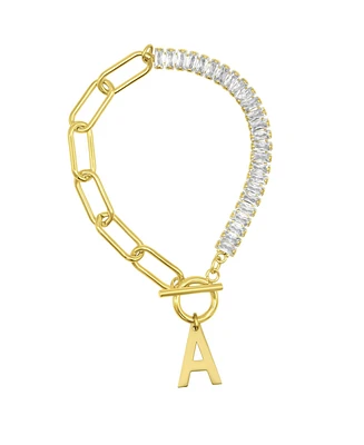 Adornia 14K Gold-Plated Half Crystal and Paperclip Initial Toggle Bracelet - Gold