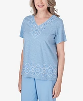 Alfred Dunner Petite Hyannisport V-Neck Embroidered Medallion Top