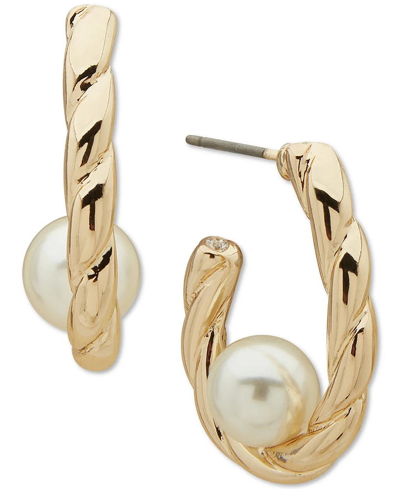 Anne Klein Gold-Tone Imitation Pearl Twisted C-Hoop Earrings