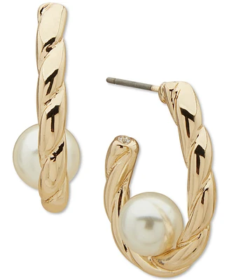 Anne Klein Gold-Tone Imitation Pearl Twisted C-Hoop Earrings