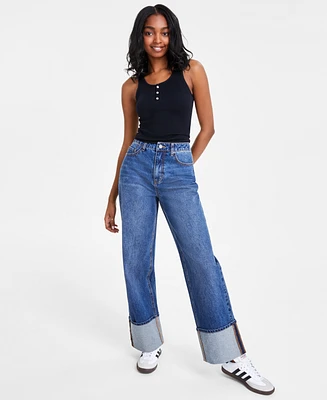 Tinseltown Juniors' Cotton High-Rise Wide-Leg Cuffed Jeans