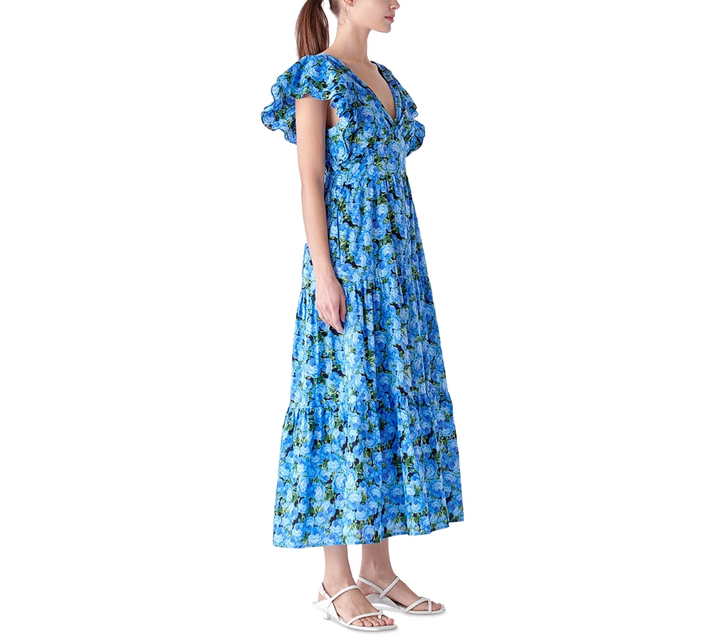 English Factory Women's Floral-Print Tiered Flutter-Sleeve Dress