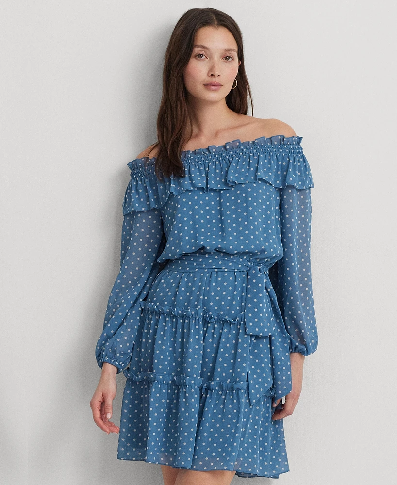Lauren Ralph Women's Print Georgette Off-the-Shoulder Dress
