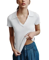 Dkny Jeans Women's V-Neck Side-Logo Rib-Knit Short Sleeve Polo Top - 0Ir