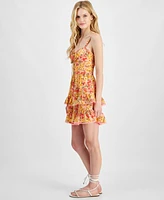 City Studios Juniors' Floral-Print Lace-Up Fit & Flare Dress