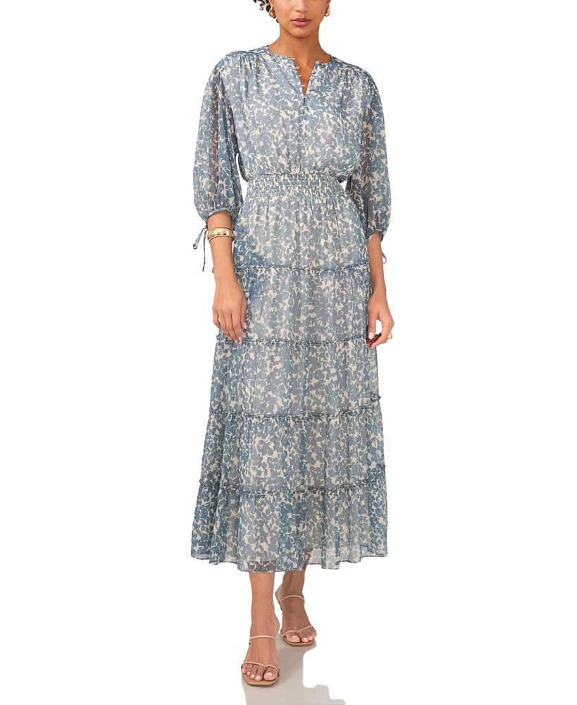 1.state Women's Printed Pintuck 3/4-Sleeve Tiered Maxi Dress