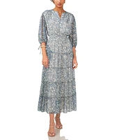 1.state Women's Printed Pintuck 3/4-Sleeve Tiered Maxi Dress