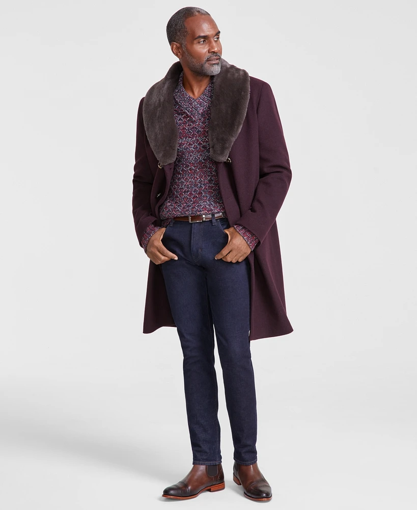 Tayion Men Classic Fit Double Breasted Wine Solid Overcoat