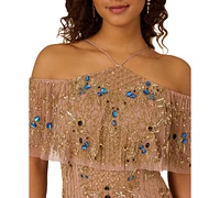 Adrianna Papell Women's Beaded Mesh Cold-Shoulder Gown