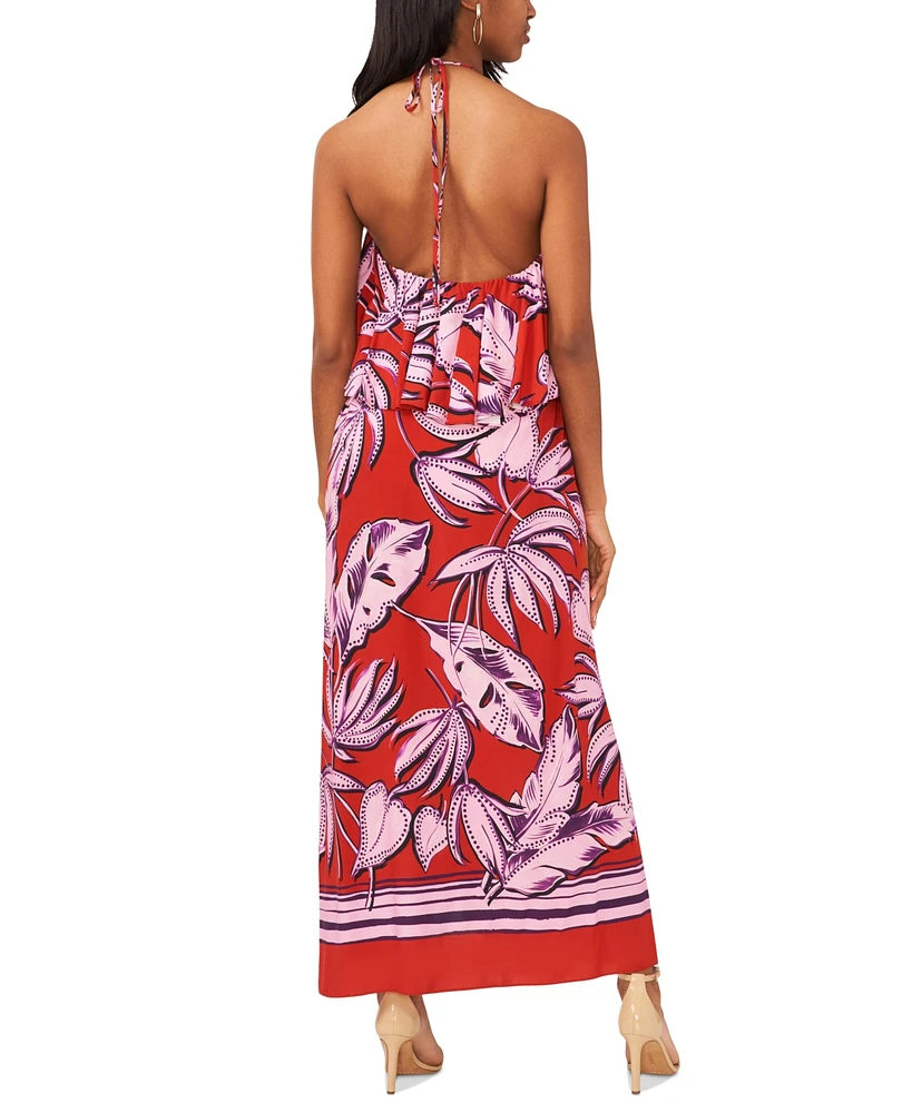 1.state Women's Tropical Print Ruffled Halter Neck Maxi Dress