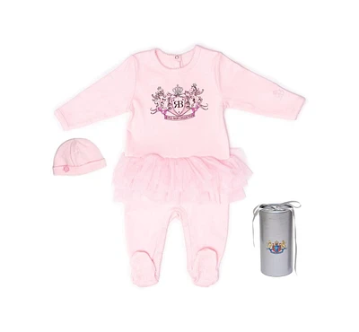Royal Baby Collection Girls Organic Cotton Gloved Footed Coverall with Tulle Tutu Skirt and Hat Gift Box