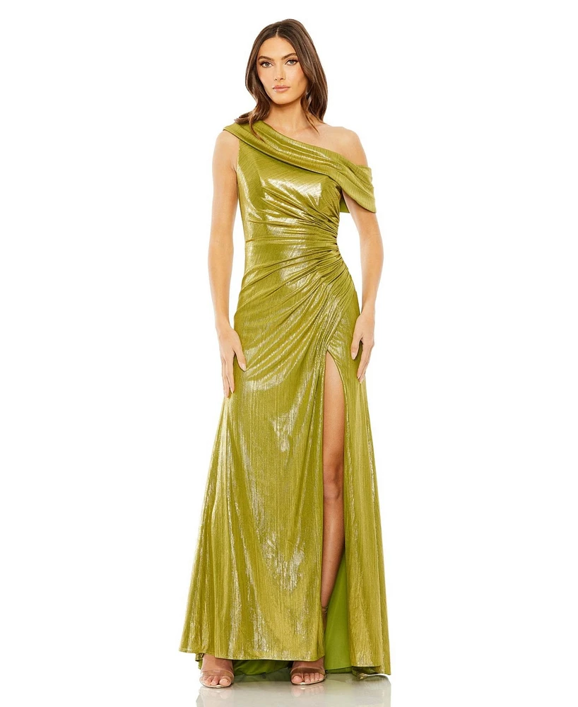 Mac Duggal Women's Ieena One Shoulder Ruched Waist Slit Metallic Gown