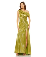 Mac Duggal Women's Ieena One Shoulder Ruched Waist Slit Metallic Gown