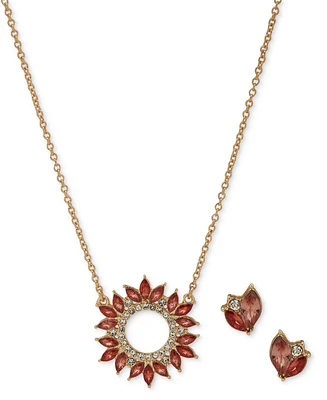 Anne Klein Gold-Tone Red Crystal Cluster Stud Earrings & Circle Pendant Necklace Set, 16" + 3" extender