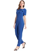 London Times Petite Short-Sleeve Bow-Neck Jumpsuit