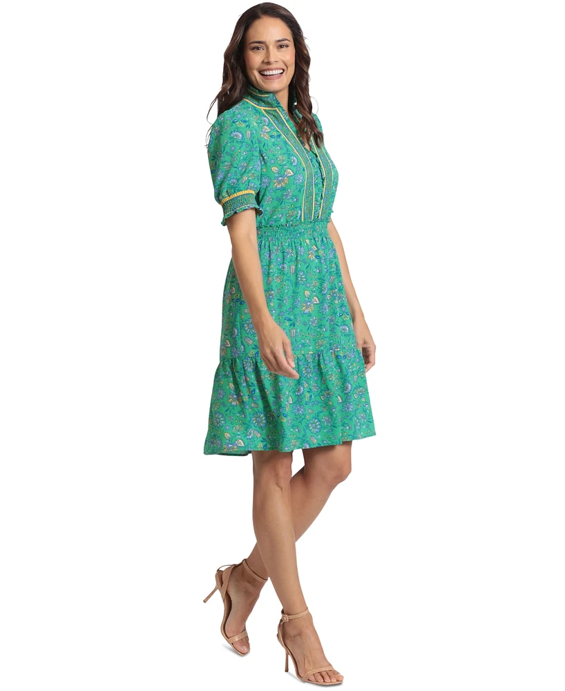 London Times Petite Elbow-Sleeve Smock-Waist Dress