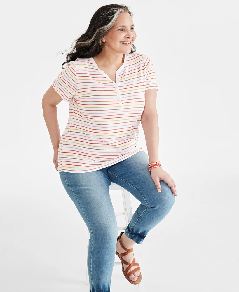 Style & Co Plus Size Printed Short-Sleeve Henley Top, Created for Macy's