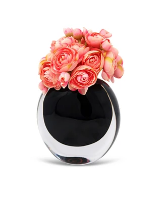 Vivience Black Glass Vase with Black Inlay and Pink Flowers