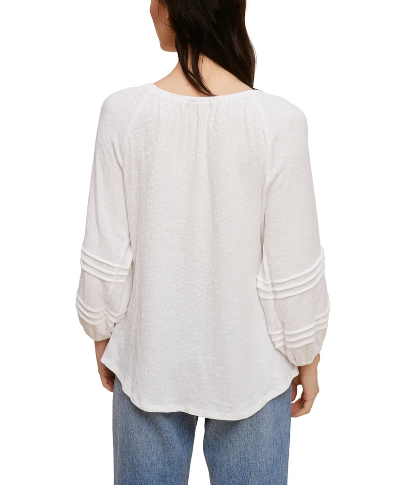 John Paul Richard Slub Gauze Knit Top with Pleating Detail on 3/4 Sleeve