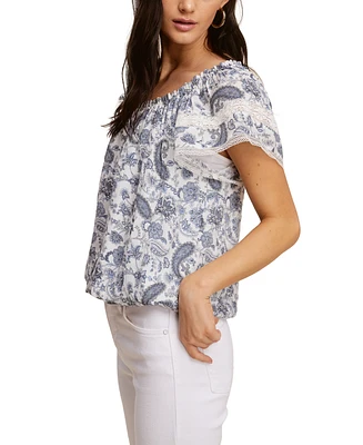 John Paul Richard Leno Gauze Printed Peasant Top with Lace Trim Sleeve