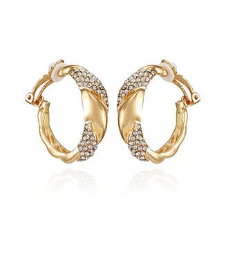 T Tahari Gold-Tone Woven Glass Stone Clip On Hoop Earrings