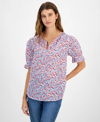 Tommy Hilfiger Women's Cotton Floral-Print Ruffled-Cuff Top