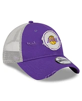 Men's New Era Purple Distressed Los Angeles Lakers Rally Drive Distressed Patch 9TWENTY Trucker Adjustable Hat