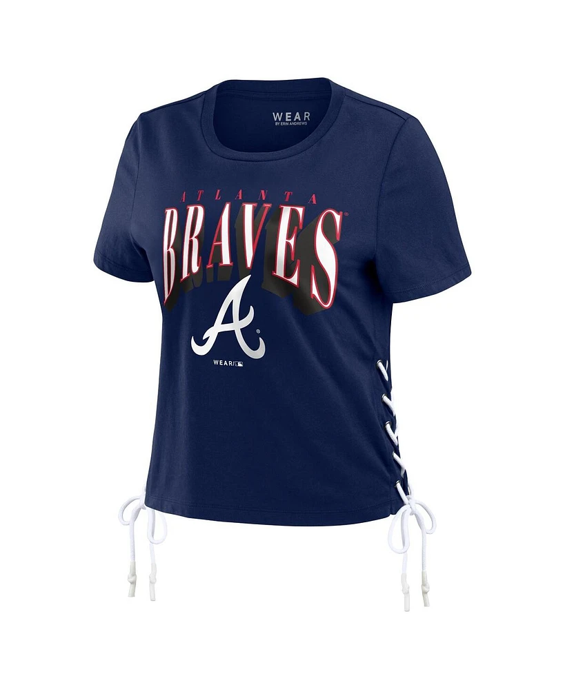 Women's Wear by Erin Andrews Navy Atlanta Braves Side Lace-Up Cropped T-shirt