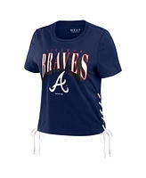 Women's Wear by Erin Andrews Navy Atlanta Braves Side Lace-Up Cropped T-shirt