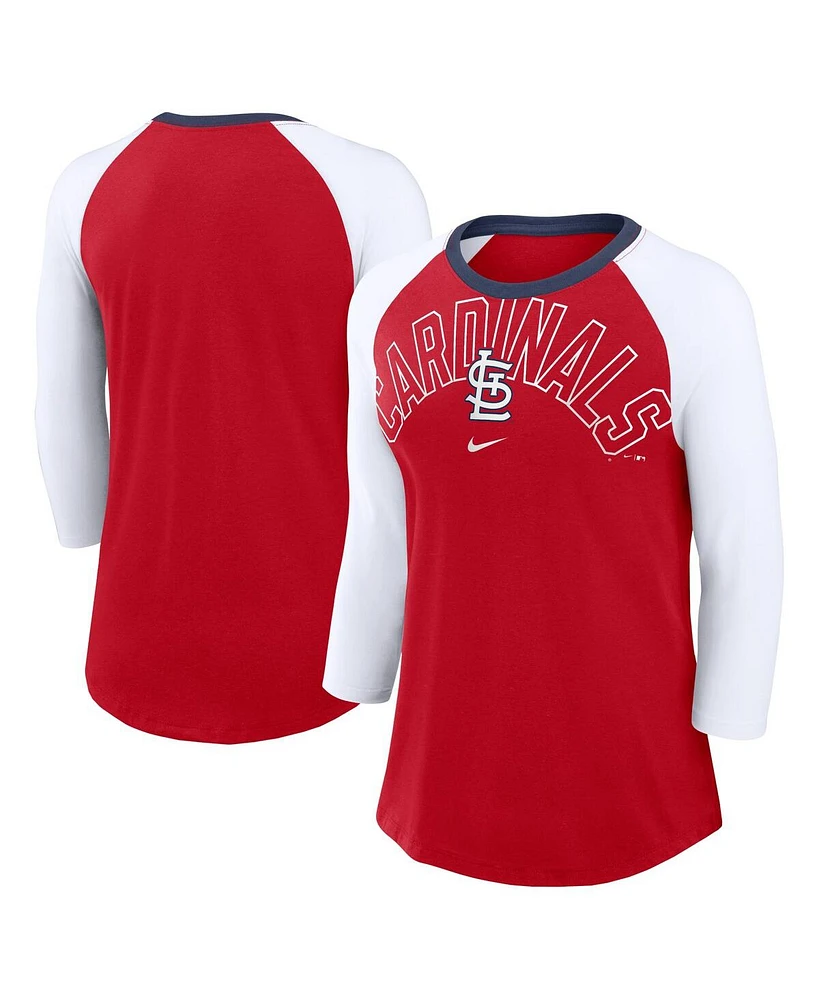 Women's Nike Red, White St. Louis Cardinals Knockout Arch 3/4-Sleeve Raglan Tri-Blend T-shirt