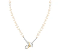 Cultured Freshwater Pearl (4-1/2mm & 7 x 5mm) & Diamond (1/20 ct. t.w.) Flower Bud Inspired 17-1/2" Pendant Necklace in Sterling Silver & 14k Gold