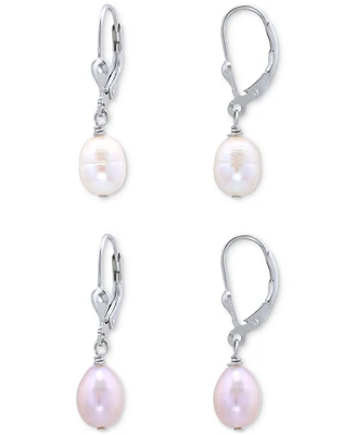 2-Pc. Set White & Dyed Pink Cultured Freshwater Oval Pearl (10 x 8mm) Leverback Drop Earrings
