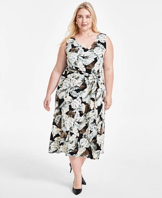 Kasper Plus Rhonda Printed Tie-Waist Fit & Flare Dress