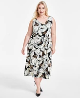 Kasper Plus Rhonda Printed Tie-Waist Fit & Flare Dress