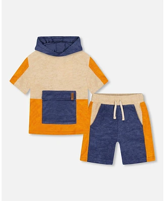 Deux par Deux Toddler Boys Terry Cloth Hooded Top And Short Set Navy And Beige