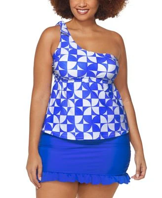 Raisins Curve Trendy Plus Size Marita One Shoulder Tankini Top Echo Tummy Control Full Coverage Swim Skirt
