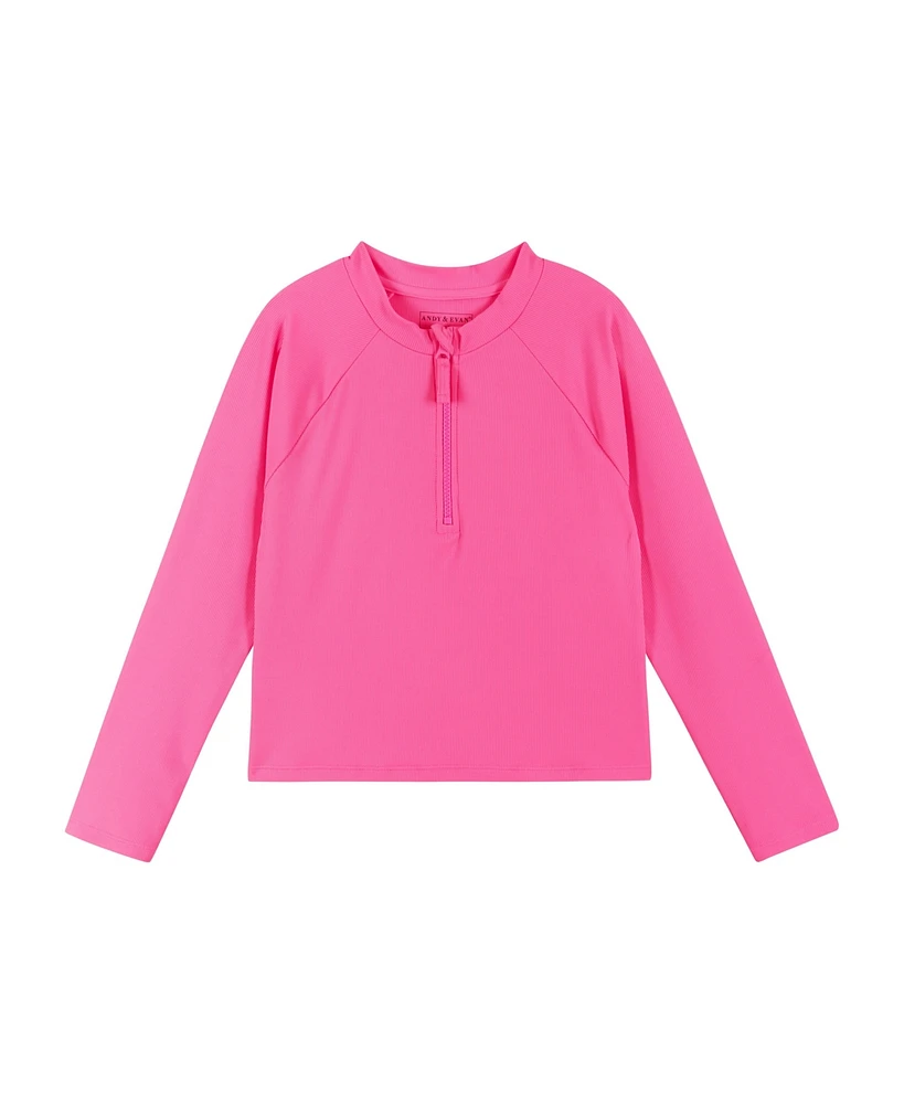 Child Girls Pink Ribbed Half-Zip Raglan Rashguard