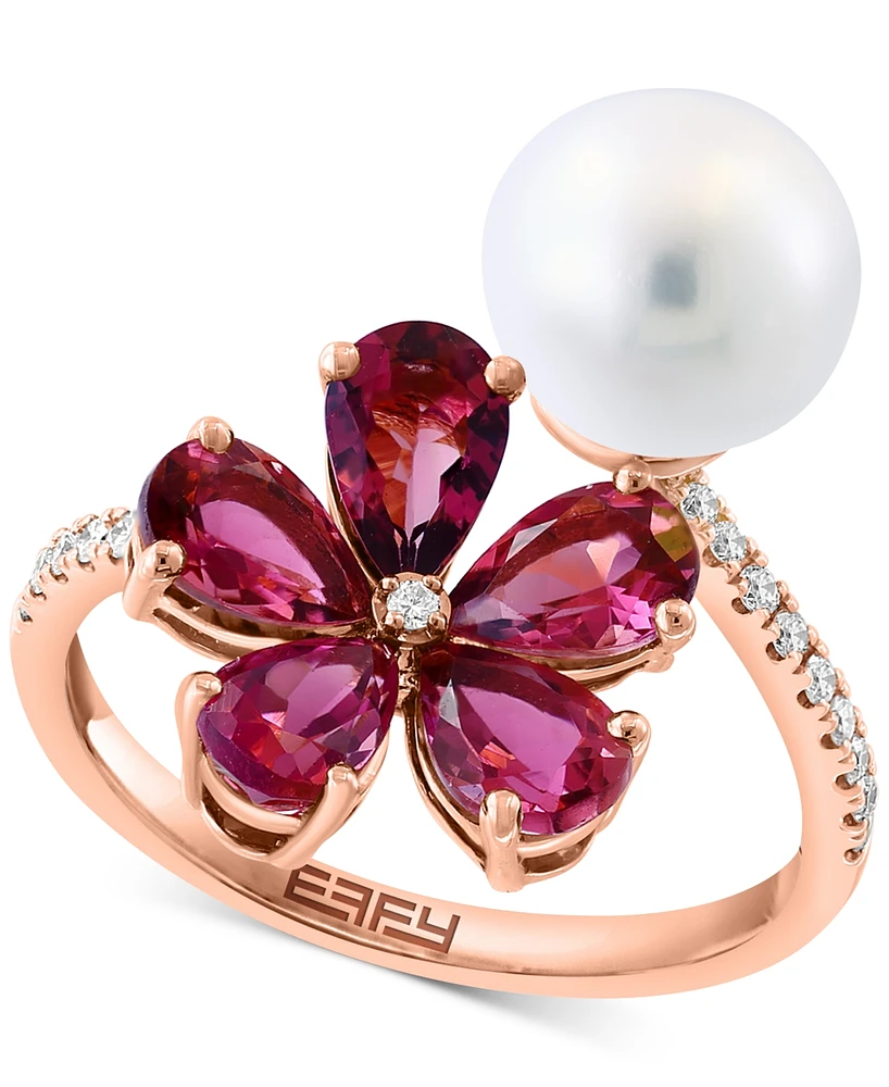 Effy Freshwater Pearl (8mm), Pink Tourmaline (5-1/2 ct. t.w.) & Diamond (1/8 ct. t.w.) Flower Bypass Ring in 14k Rose Gold