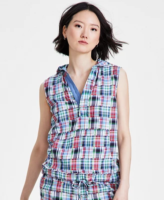 Nautica Jeans Women's Patchwork Plaid Cotton Sleeveless Hooded Top