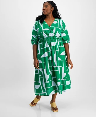 On 34th Trendy Plus Printed Blouson-Sleeve Cotton Midi Dress, Created for Macy's