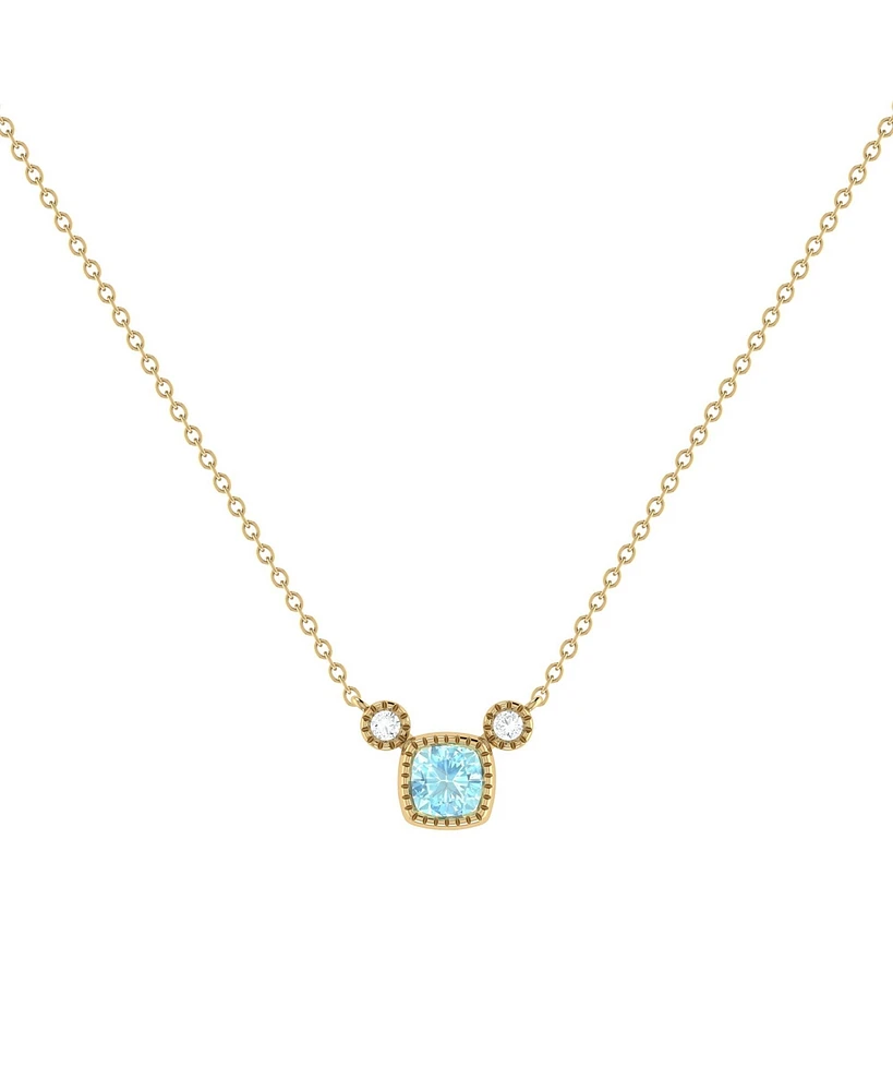 LuvMyJewelry Cushion Cut Aquamarine Gemstone, Natural Diamond 14K Yellow Gold Birthstone Necklace