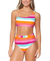 Raisins Juniors Shine On Striped Asymmetric Bikini Top High Waisted Bottoms