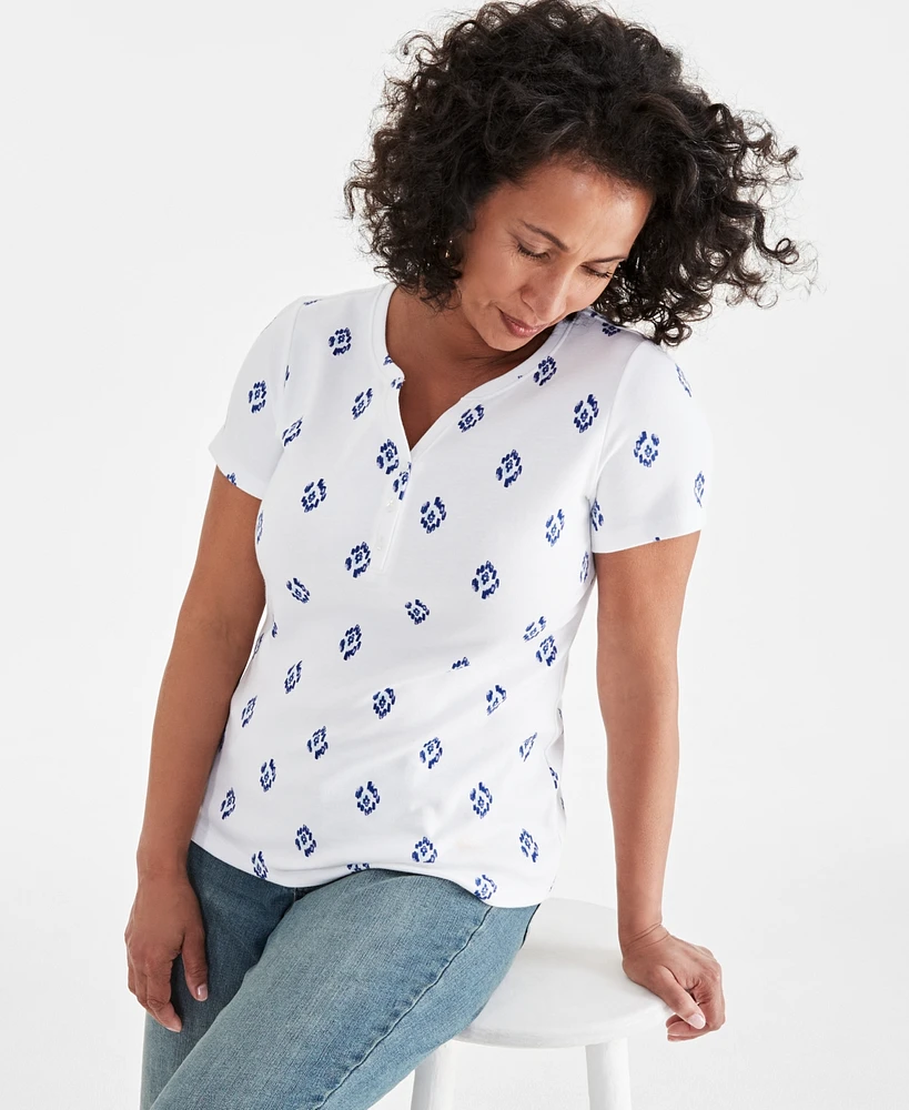 Style & Co Women's Printed Short-Sleeve Henley Top, Created for Macy's
