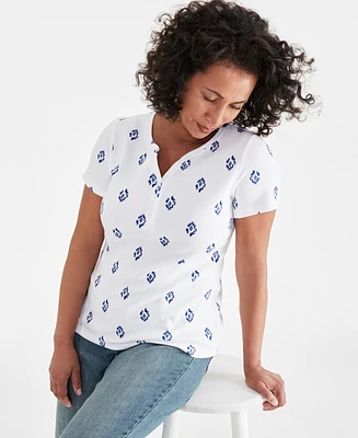 Style & Co Women's Printed Short-Sleeve Henley Top, Created for Macy's
